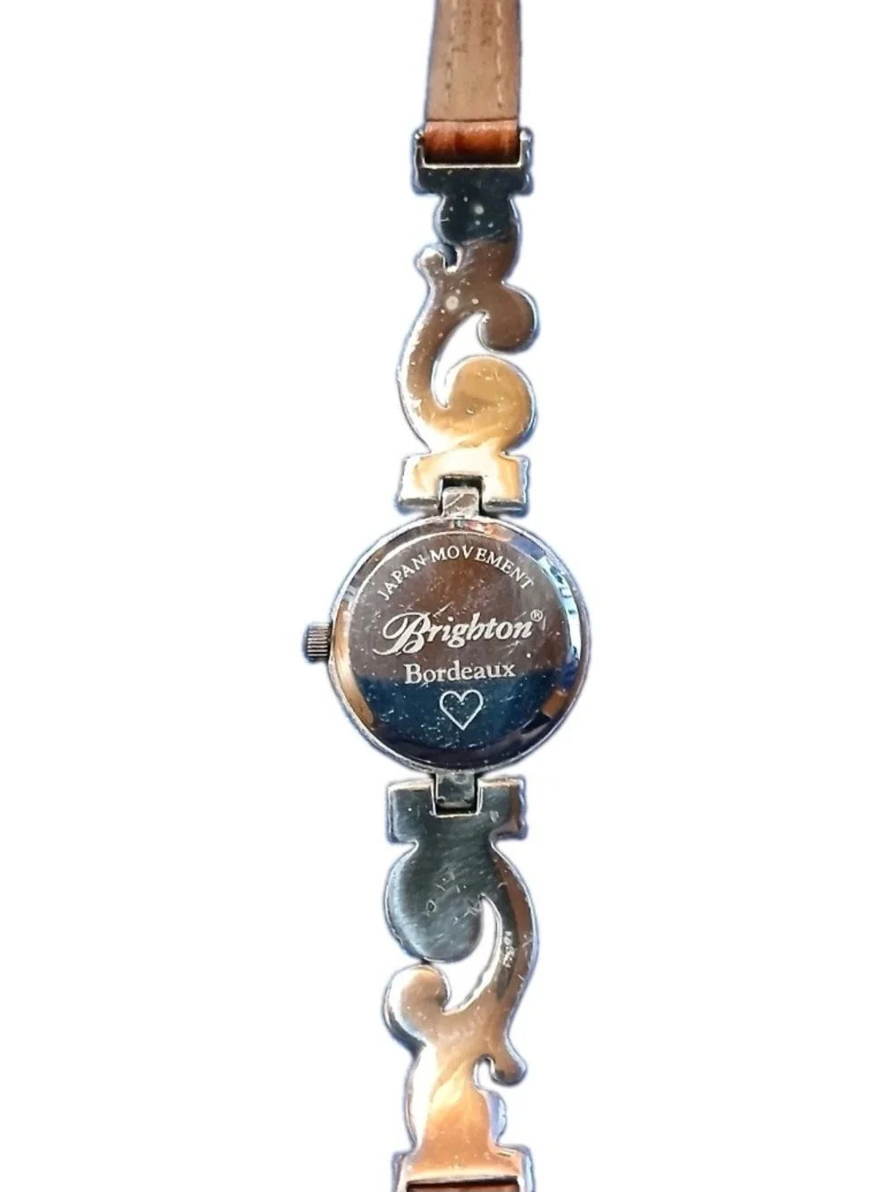 Brighton Bordeaux Ladies Watch Silver Tone Swirl Brown Leather Strap Quartz